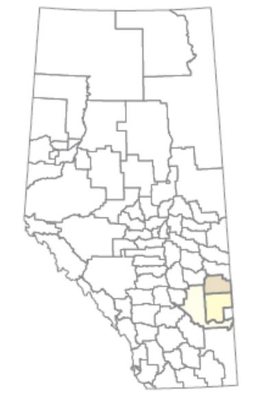Grey-and-white map of Alberta showing geographic extents of local authorities with the Special Areas highlighted.