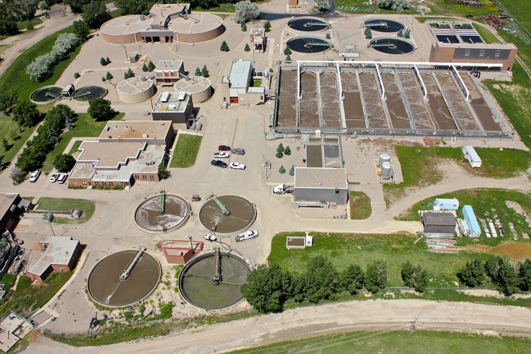 Aerial photograph of a waste water treatment plant in Lethbridge, Alberta