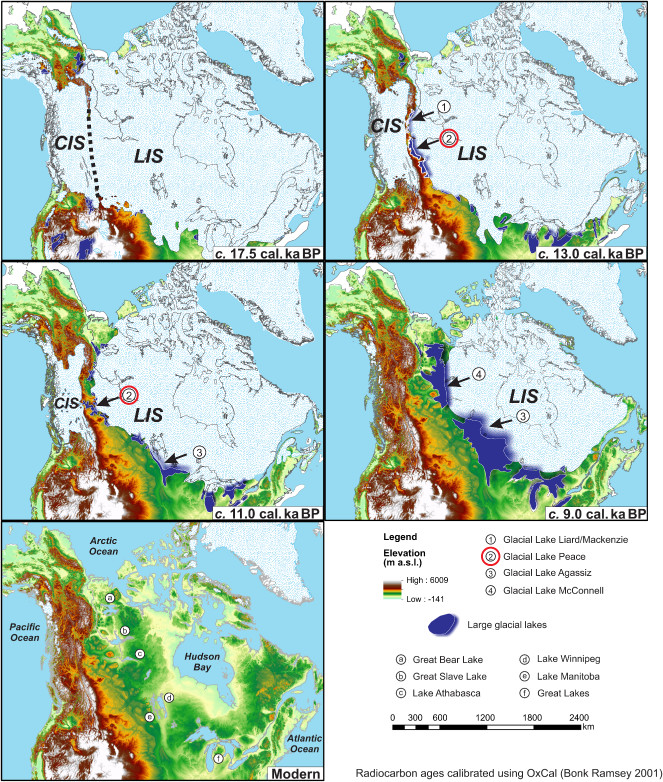 Series of maps illustrating the retreat of Cordilleran CIS and Laurentide LIS ice from approximately 16,000 years ago