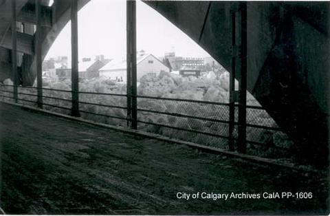 Ice jam partially block the view of the river at Centre Street Bridge in Calgary in 1959