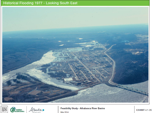 A photo of the Waterways community of Fort McMurray underwater because of excess water from an ice jam