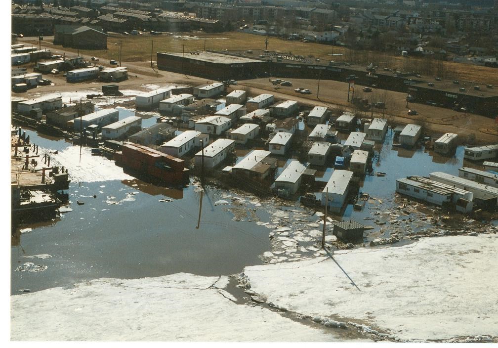 Photograph from 1977 of homes in Fort McMurray flooded by the excess water from an upstream ice jam breakup