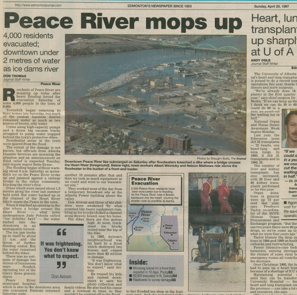News article from 1997 about the aftermath of a flood in the town of Peace River caused by an ice jam downstream