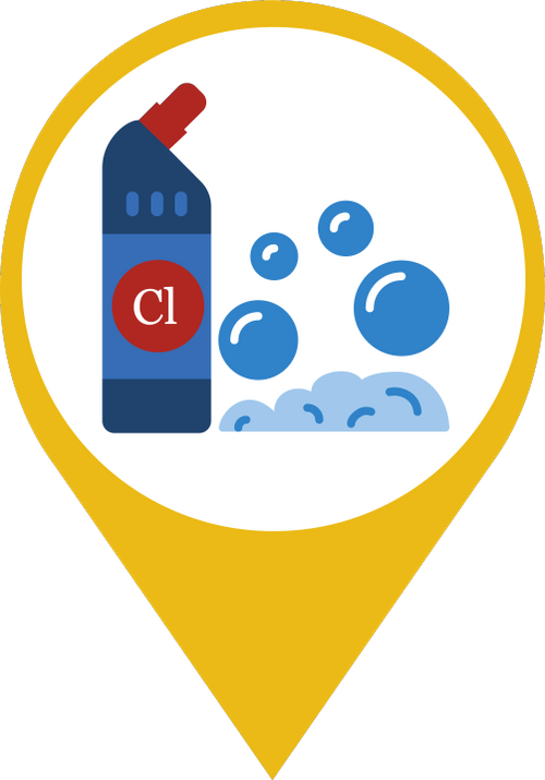 Icon showing bubbles and a container of chlorine disinfectant