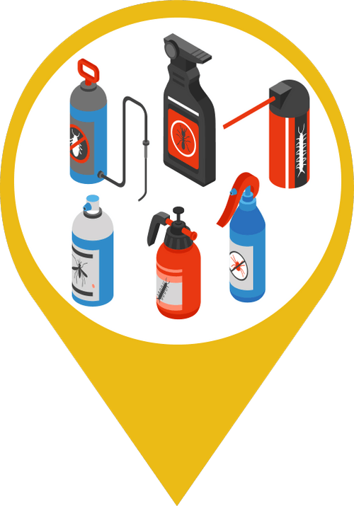 Icon showing six different spray bottles and cans of pesticides