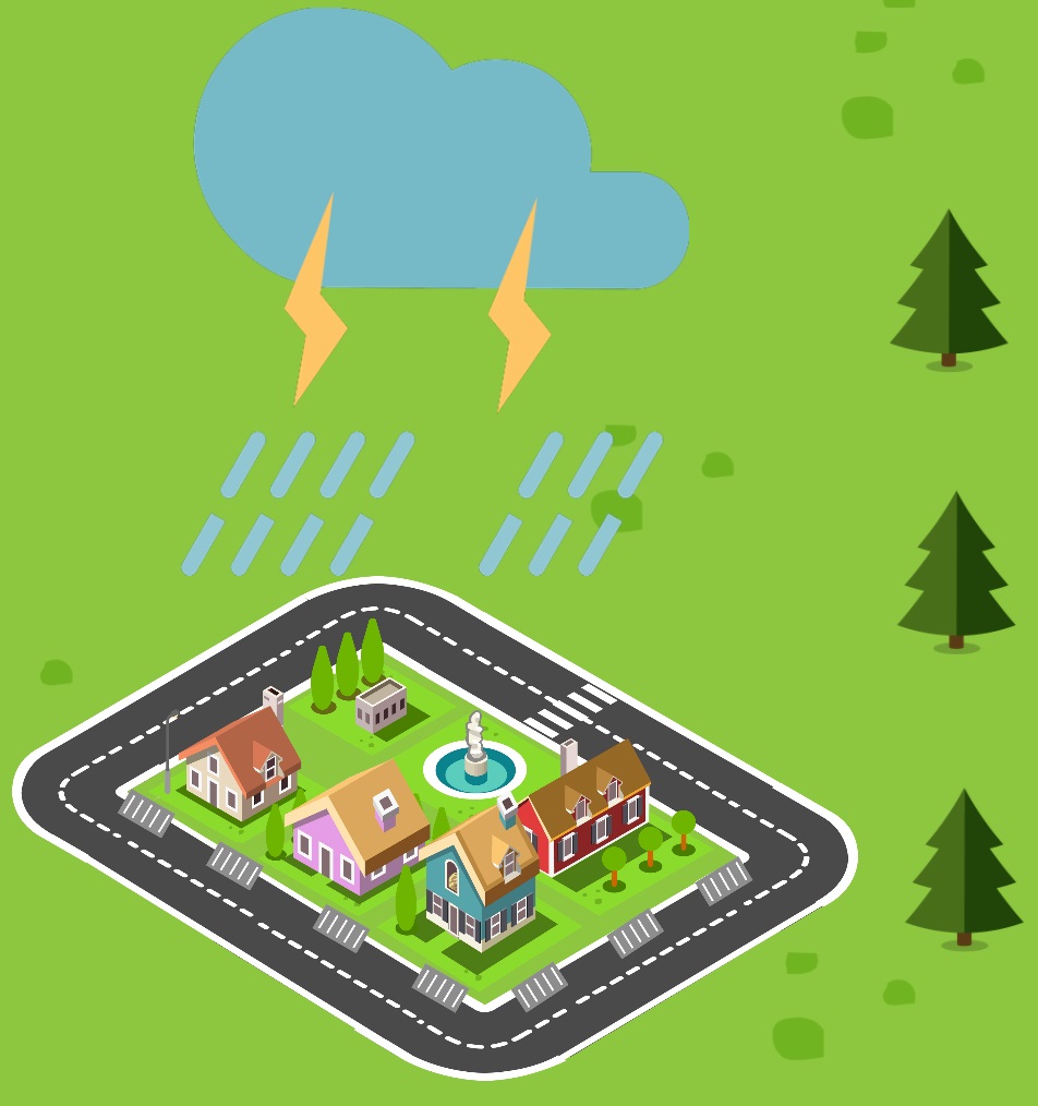 Icon depicting a urban area being rained on with storm drains visible