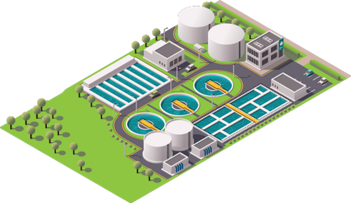 Icon depicting a water treatment plant seen from above