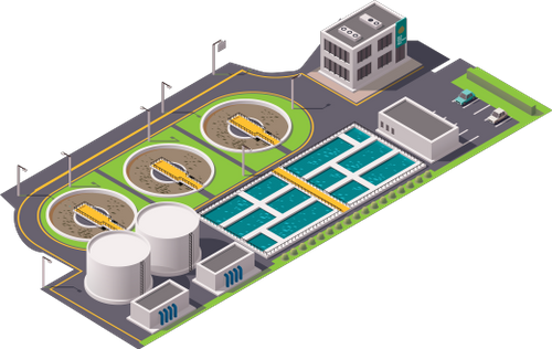 Icon depicting a wastewater treatment plant seen from the air