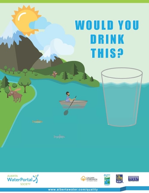 Poster image showing cartoon mountains and blue water with a drinking glass and the words would you drink this? 