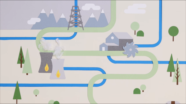 An artistic representation of water being piped to service extraction, industrial cool, and hydropower generation.