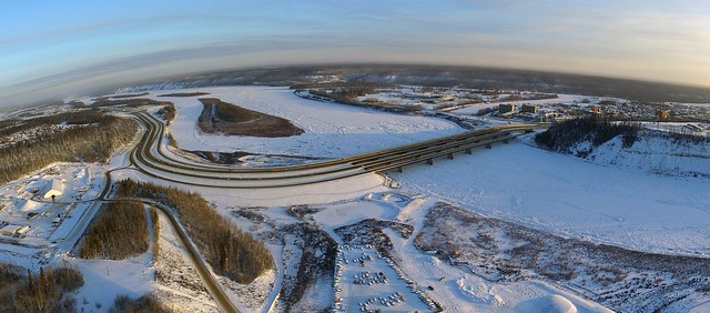 Bridges over the Athabasca River at Fort McMurray during winter.