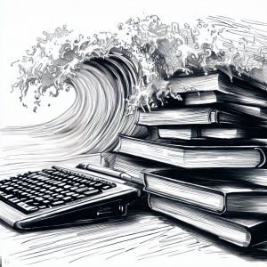 pen-and-ink drawing of wave crashing over books and keyboard