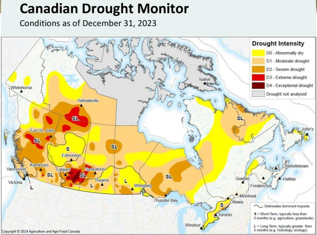 Map of Canada showing drought conditions as of 2023-12-31. Conditions are particularly bad in Western Canada.