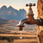 Dry looking tap with a droplet hanging from it with mountains in the background.
